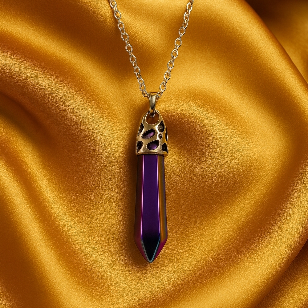 Elegant Iridescent Purple Pendant Necklace – Silver Cutout Cap, Shimmer Jewelry